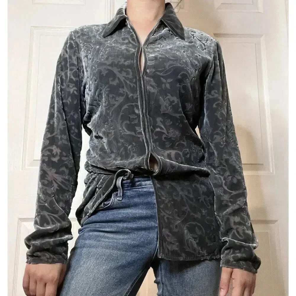Armani Exchane Womens Velvet Burnout Silk Blend Top Sz S Gray Whimsygoth 90s Y2K